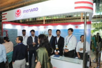 A branded booth with company representatives.