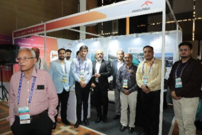 A branded booth with company representatives.
